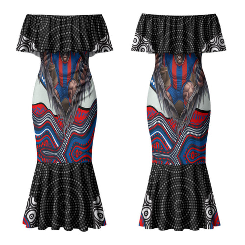 Newcastle Knights Couples Matching Mermaid Dress and Hawaiian Shirt The Scream of Lightning Eyes - Indigenous Dot Ripping Effect
