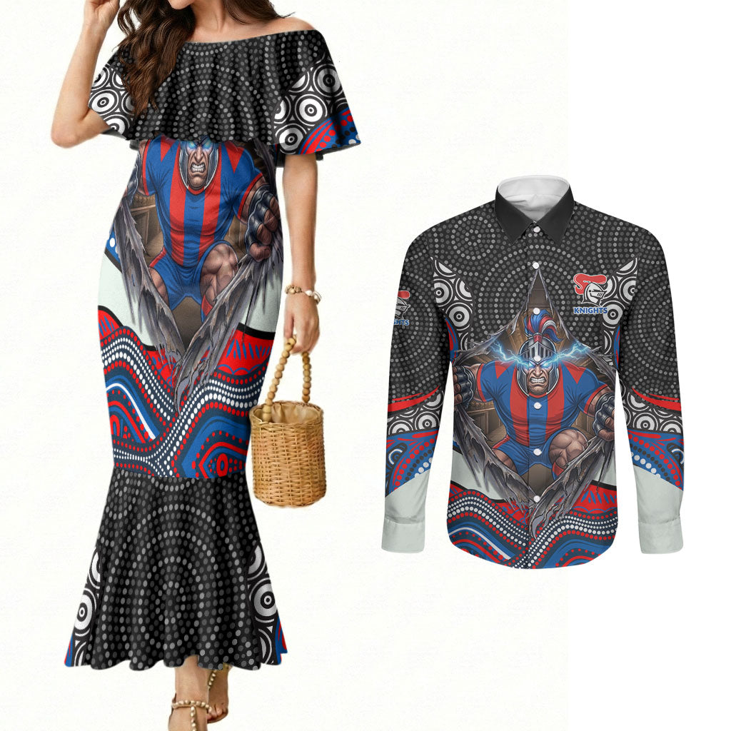 Newcastle Knights Couples Matching Mermaid Dress and Long Sleeve Button Shirt The Scream of Lightning Eyes - Indigenous Dot Ripping Effect