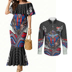 Newcastle Knights Couples Matching Mermaid Dress and Long Sleeve Button Shirt The Scream of Lightning Eyes - Indigenous Dot Ripping Effect