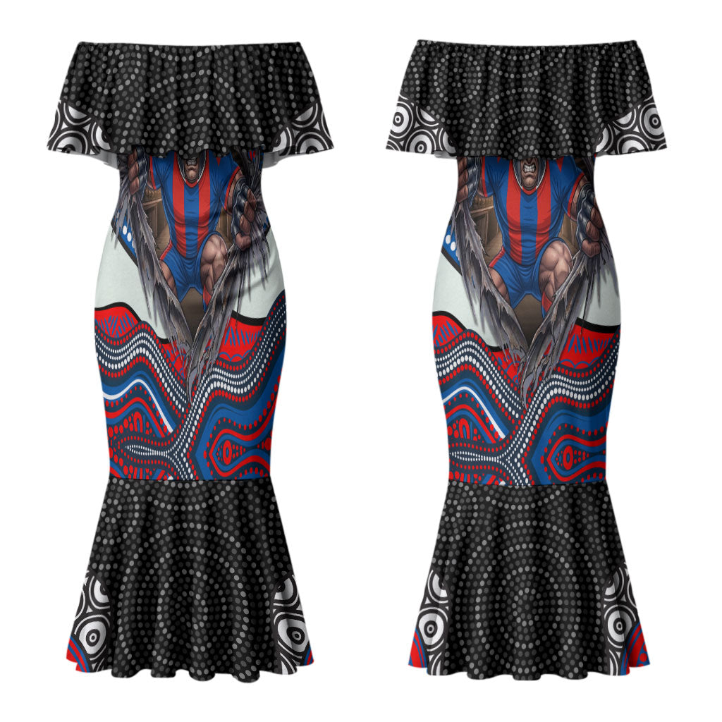 Newcastle Knights Couples Matching Mermaid Dress and Long Sleeve Button Shirt The Scream of Lightning Eyes - Indigenous Dot Ripping Effect