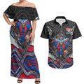 Newcastle Knights Couples Matching Off Shoulder Maxi Dress and Hawaiian Shirt The Scream of Lightning Eyes - Indigenous Dot Ripping Effect