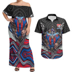 Newcastle Knights Couples Matching Off Shoulder Maxi Dress and Hawaiian Shirt The Scream of Lightning Eyes - Indigenous Dot Ripping Effect