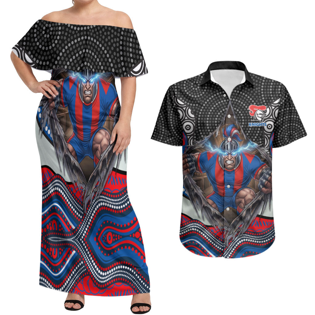 Newcastle Knights Couples Matching Off Shoulder Maxi Dress and Hawaiian Shirt The Scream of Lightning Eyes - Indigenous Dot Ripping Effect