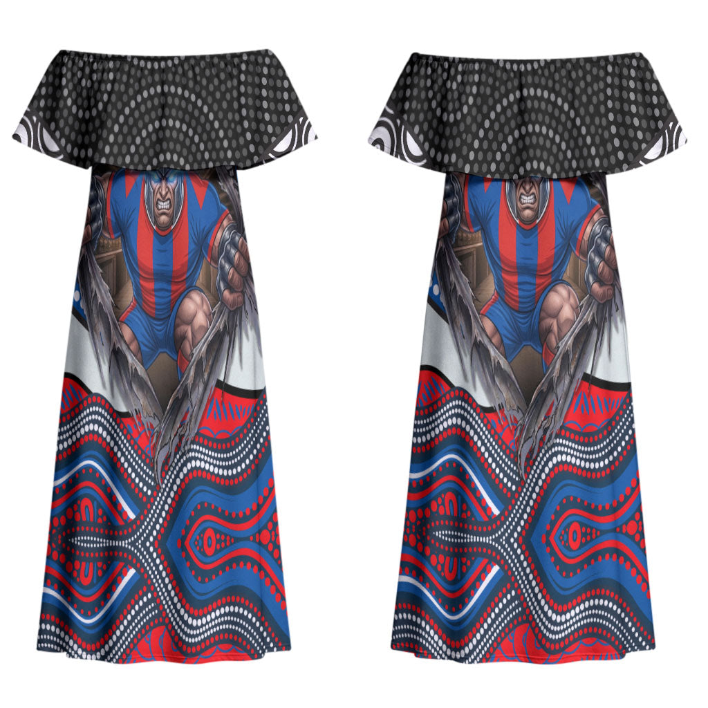 Newcastle Knights Couples Matching Off Shoulder Maxi Dress and Hawaiian Shirt The Scream of Lightning Eyes - Indigenous Dot Ripping Effect