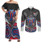 Newcastle Knights Couples Matching Off Shoulder Maxi Dress and Long Sleeve Button Shirt The Scream of Lightning Eyes - Indigenous Dot Ripping Effect