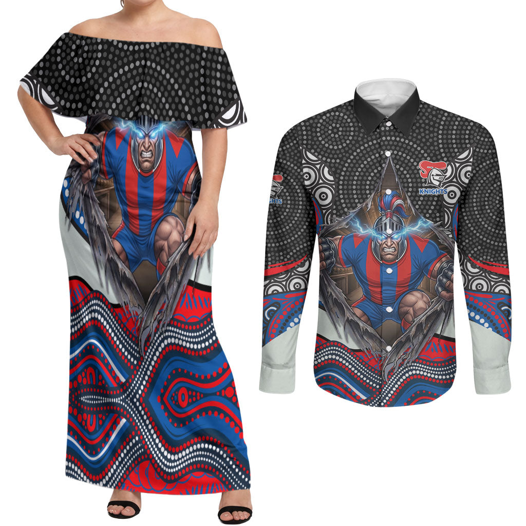 Newcastle Knights Couples Matching Off Shoulder Maxi Dress and Long Sleeve Button Shirt The Scream of Lightning Eyes - Indigenous Dot Ripping Effect