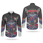 Newcastle Knights Couples Matching Off Shoulder Maxi Dress and Long Sleeve Button Shirt The Scream of Lightning Eyes - Indigenous Dot Ripping Effect