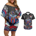 Newcastle Knights Couples Matching Off Shoulder Short Dress and Hawaiian Shirt The Scream of Lightning Eyes - Indigenous Dot Ripping Effect