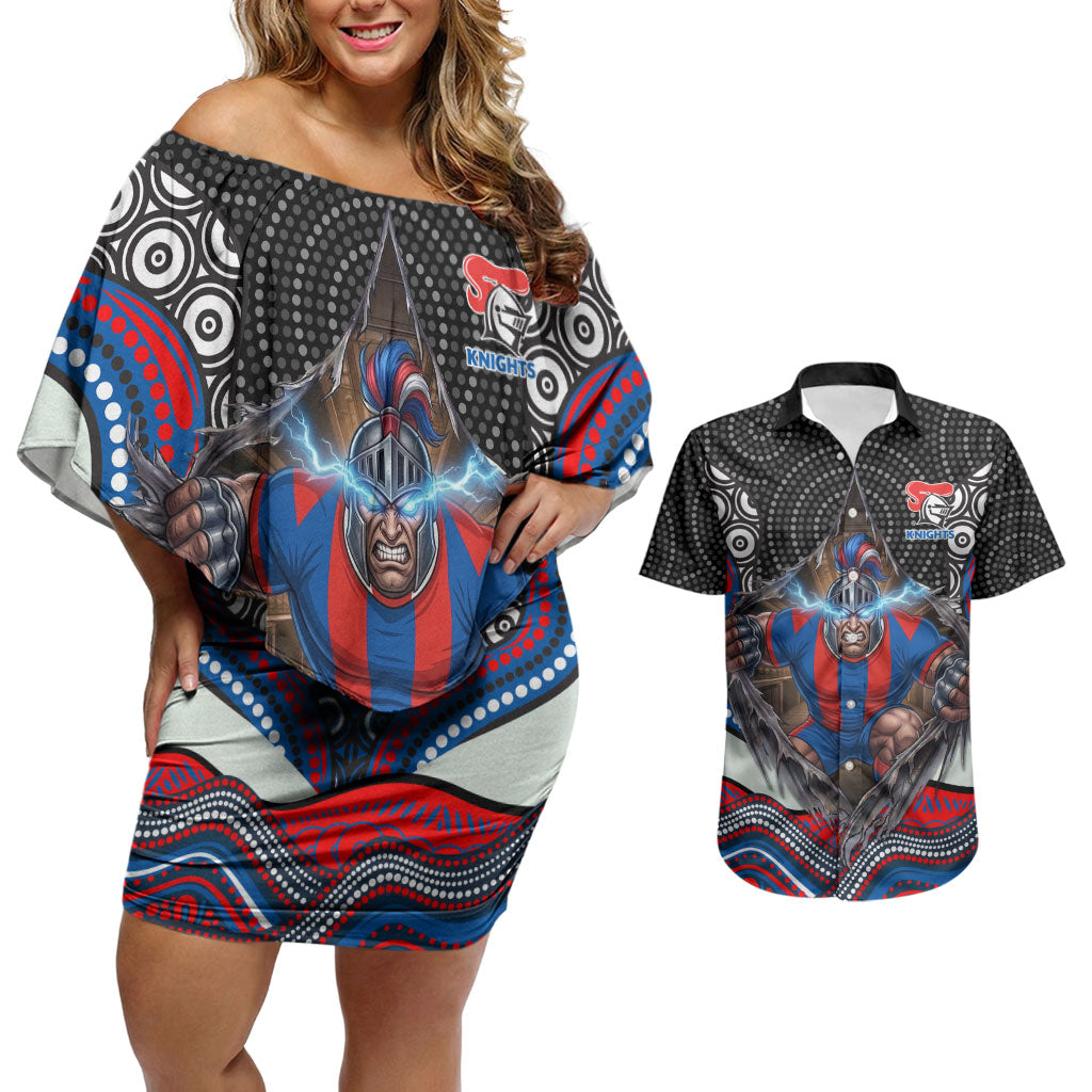 Newcastle Knights Couples Matching Off Shoulder Short Dress and Hawaiian Shirt The Scream of Lightning Eyes - Indigenous Dot Ripping Effect