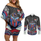 Newcastle Knights Couples Matching Off Shoulder Short Dress and Long Sleeve Button Shirt The Scream of Lightning Eyes - Indigenous Dot Ripping Effect