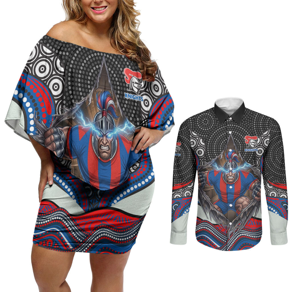 Newcastle Knights Couples Matching Off Shoulder Short Dress and Long Sleeve Button Shirt The Scream of Lightning Eyes - Indigenous Dot Ripping Effect