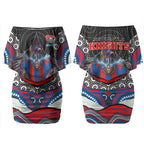 Newcastle Knights Couples Matching Off Shoulder Short Dress and Long Sleeve Button Shirt The Scream of Lightning Eyes - Indigenous Dot Ripping Effect