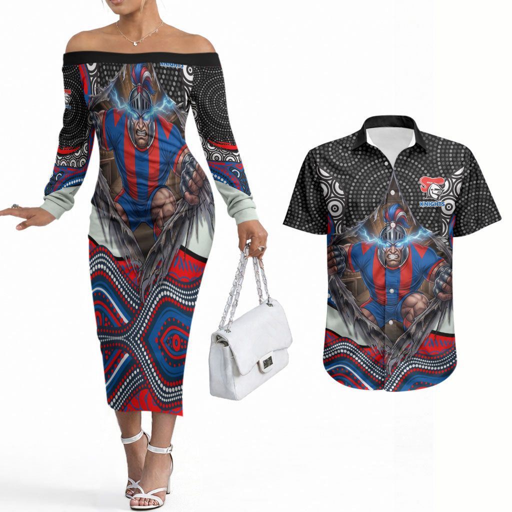 Newcastle Knights Couples Matching Off The Shoulder Long Sleeve Dress and Hawaiian Shirt The Scream of Lightning Eyes - Indigenous Dot Ripping Effect