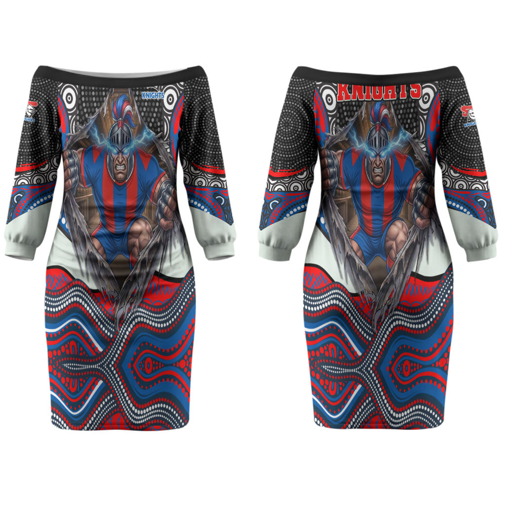 Newcastle Knights Couples Matching Off The Shoulder Long Sleeve Dress and Hawaiian Shirt The Scream of Lightning Eyes - Indigenous Dot Ripping Effect