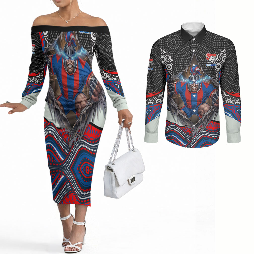 Newcastle Knights Couples Matching Off The Shoulder Long Sleeve Dress and Long Sleeve Button Shirt The Scream of Lightning Eyes - Indigenous Dot Ripping Effect