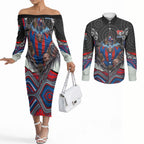 Newcastle Knights Couples Matching Off The Shoulder Long Sleeve Dress and Long Sleeve Button Shirt The Scream of Lightning Eyes - Indigenous Dot Ripping Effect