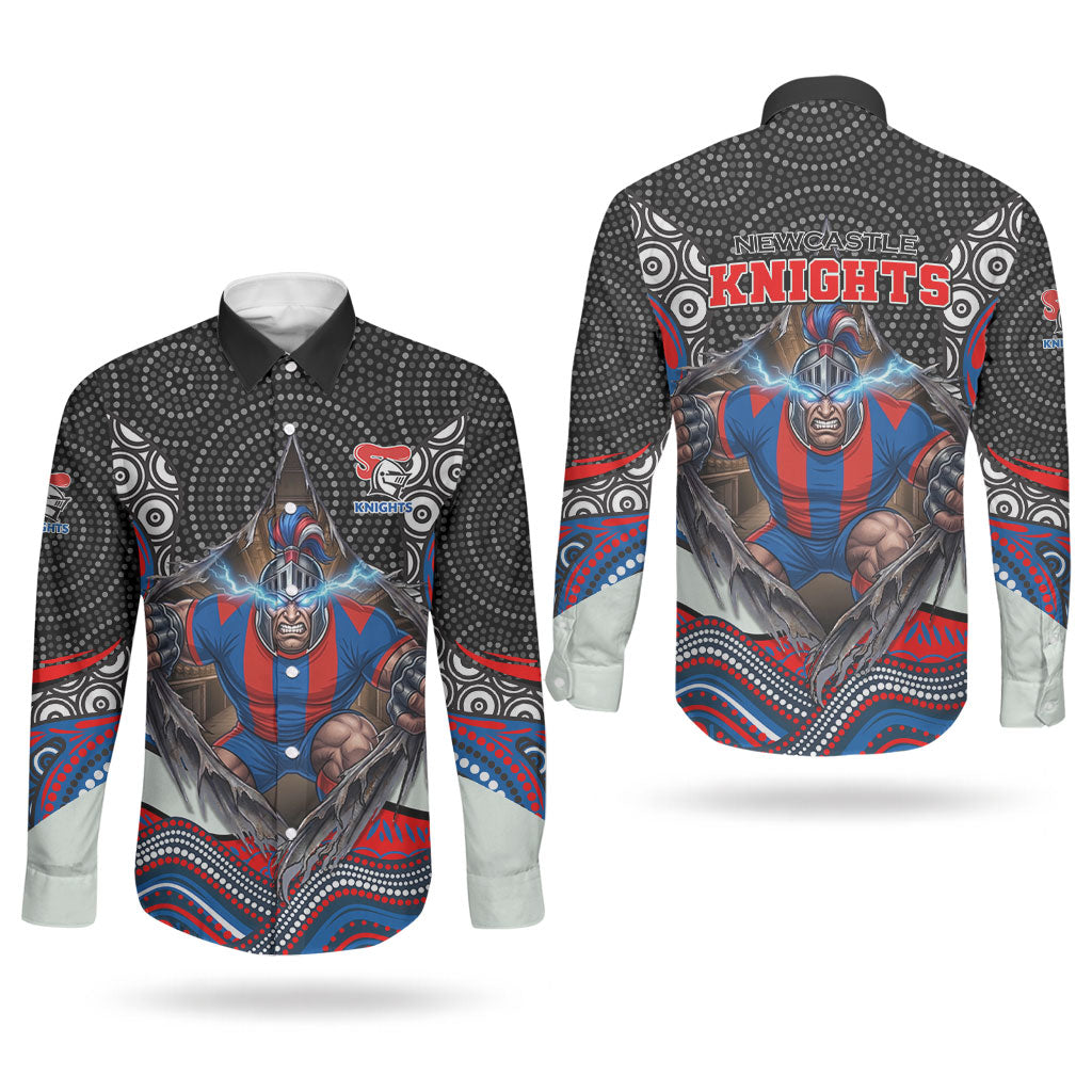 Newcastle Knights Couples Matching Off The Shoulder Long Sleeve Dress and Long Sleeve Button Shirt The Scream of Lightning Eyes - Indigenous Dot Ripping Effect