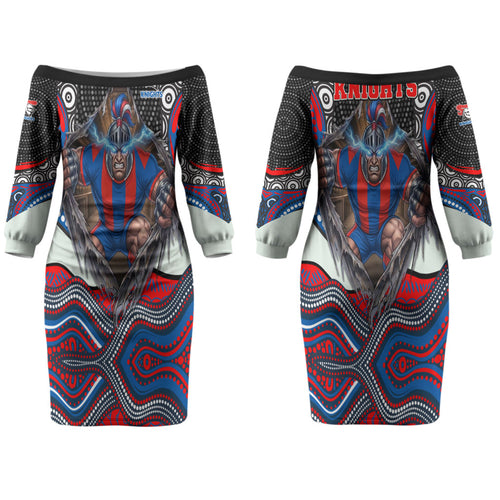 Newcastle Knights Couples Matching Off The Shoulder Long Sleeve Dress and Long Sleeve Button Shirt The Scream of Lightning Eyes - Indigenous Dot Ripping Effect