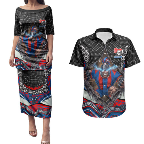 Newcastle Knights Couples Matching Puletasi and Hawaiian Shirt The Scream of Lightning Eyes - Indigenous Dot Ripping Effect
