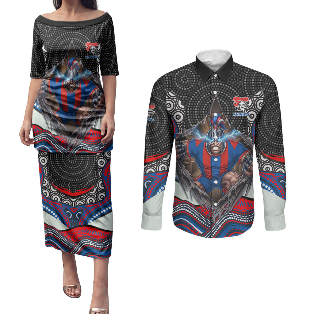 Newcastle Knights Couples Matching Puletasi and Long Sleeve Button Shirt The Scream of Lightning Eyes - Indigenous Dot Ripping Effect