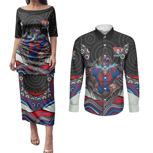 Newcastle Knights Couples Matching Puletasi and Long Sleeve Button Shirt The Scream of Lightning Eyes - Indigenous Dot Ripping Effect