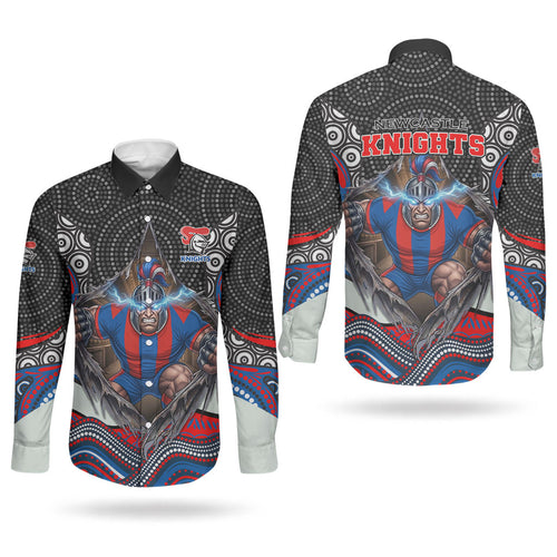 Newcastle Knights Couples Matching Puletasi and Long Sleeve Button Shirt The Scream of Lightning Eyes - Indigenous Dot Ripping Effect