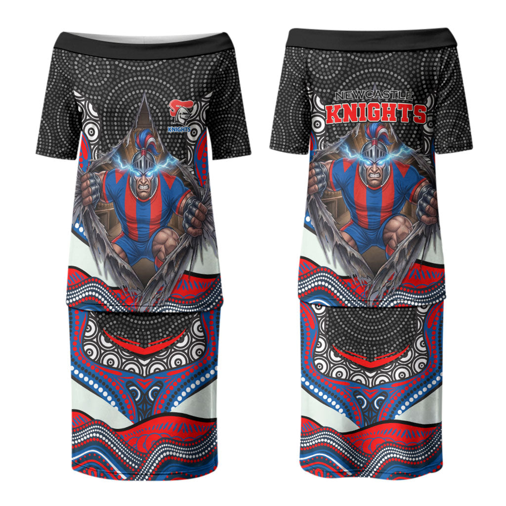 Newcastle Knights Couples Matching Puletasi and Long Sleeve Button Shirt The Scream of Lightning Eyes - Indigenous Dot Ripping Effect