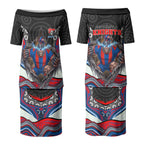 Newcastle Knights Couples Matching Puletasi and Long Sleeve Button Shirt The Scream of Lightning Eyes - Indigenous Dot Ripping Effect