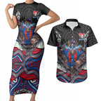 Newcastle Knights Couples Matching Short Sleeve Bodycon Dress and Hawaiian Shirt The Scream of Lightning Eyes - Indigenous Dot Ripping Effect