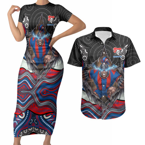 Newcastle Knights Couples Matching Short Sleeve Bodycon Dress and Hawaiian Shirt The Scream of Lightning Eyes - Indigenous Dot Ripping Effect