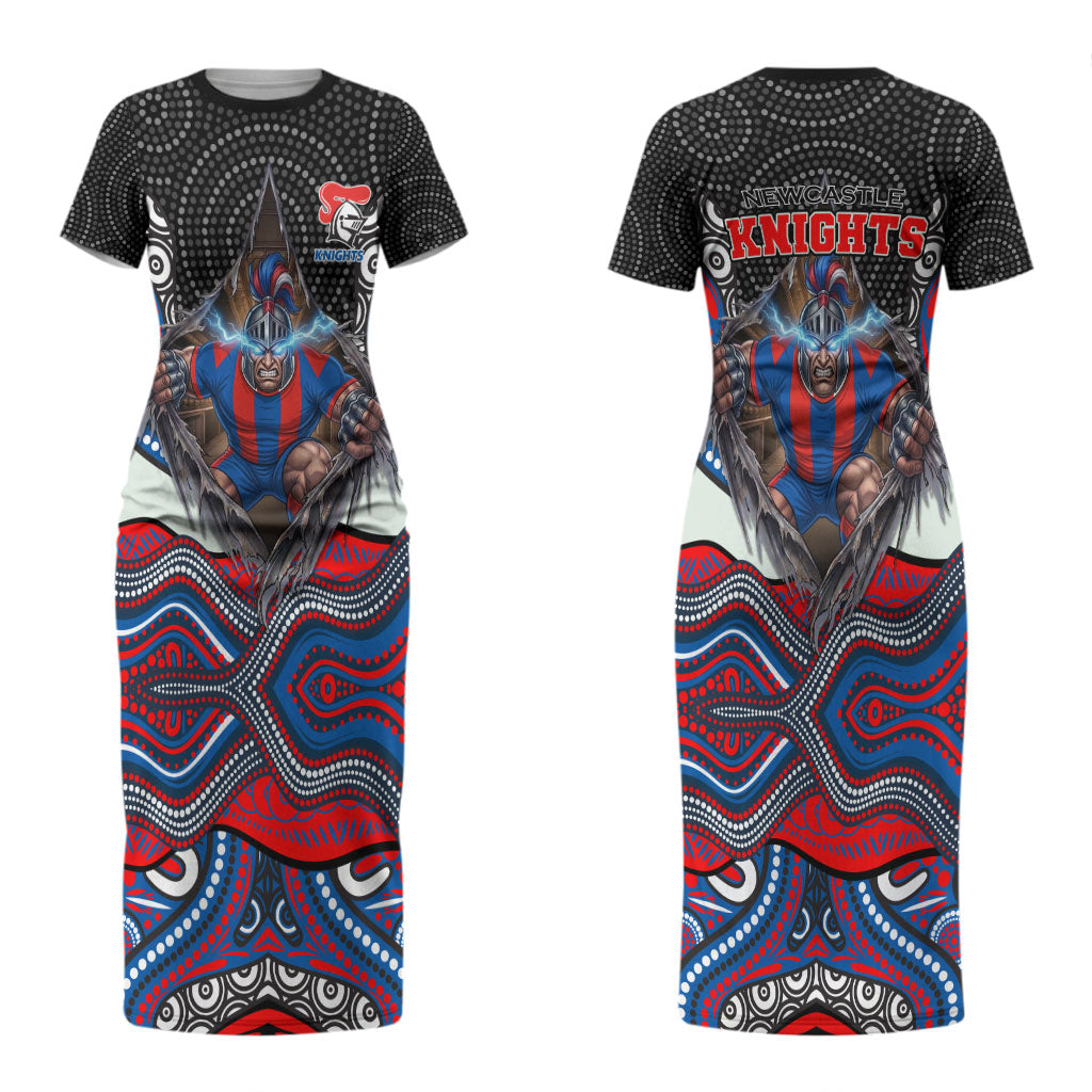 Newcastle Knights Couples Matching Short Sleeve Bodycon Dress and Hawaiian Shirt The Scream of Lightning Eyes - Indigenous Dot Ripping Effect