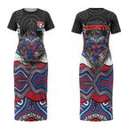 Newcastle Knights Couples Matching Short Sleeve Bodycon Dress and Hawaiian Shirt The Scream of Lightning Eyes - Indigenous Dot Ripping Effect