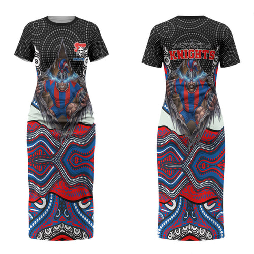 Newcastle Knights Couples Matching Short Sleeve Bodycon Dress and Hawaiian Shirt The Scream of Lightning Eyes - Indigenous Dot Ripping Effect