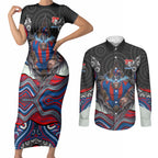 Newcastle Knights Couples Matching Short Sleeve Bodycon Dress and Long Sleeve Button Shirt The Scream of Lightning Eyes - Indigenous Dot Ripping Effect
