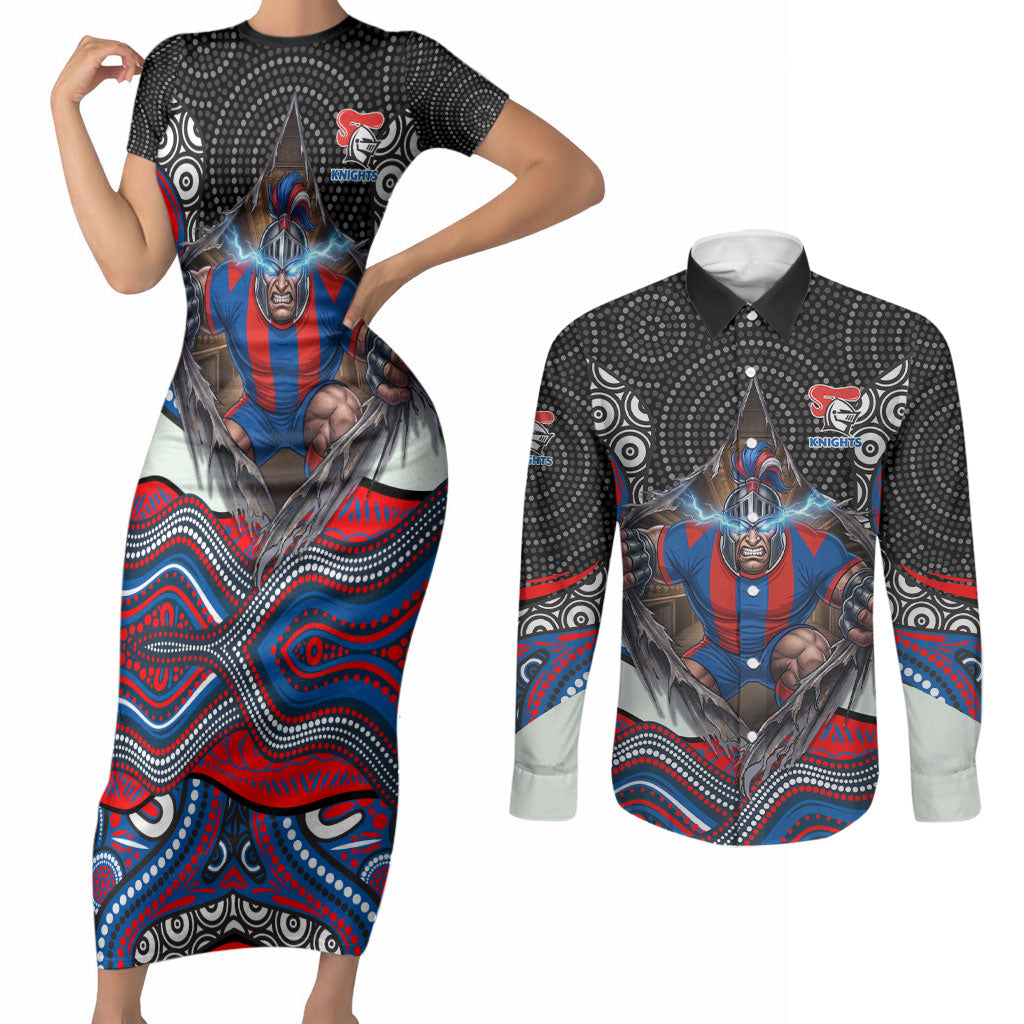 Newcastle Knights Couples Matching Short Sleeve Bodycon Dress and Long Sleeve Button Shirt The Scream of Lightning Eyes - Indigenous Dot Ripping Effect