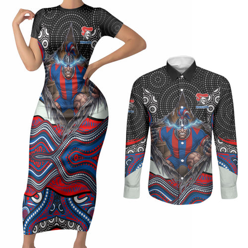 Newcastle Knights Couples Matching Short Sleeve Bodycon Dress and Long Sleeve Button Shirt The Scream of Lightning Eyes - Indigenous Dot Ripping Effect