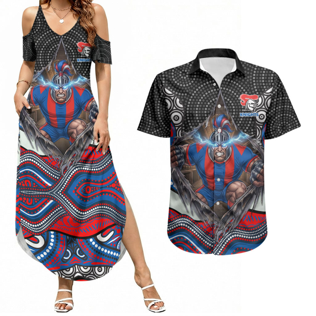 Newcastle Knights Couples Matching Summer Maxi Dress and Hawaiian Shirt The Scream of Lightning Eyes - Indigenous Dot Ripping Effect