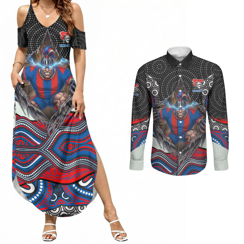 Newcastle Knights Couples Matching Summer Maxi Dress and Long Sleeve Button Shirt The Scream of Lightning Eyes - Indigenous Dot Ripping Effect