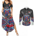 Newcastle Knights Couples Matching Summer Maxi Dress and Long Sleeve Button Shirt The Scream of Lightning Eyes - Indigenous Dot Ripping Effect