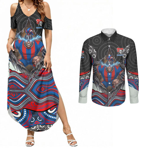 Newcastle Knights Couples Matching Summer Maxi Dress and Long Sleeve Button Shirt The Scream of Lightning Eyes - Indigenous Dot Ripping Effect