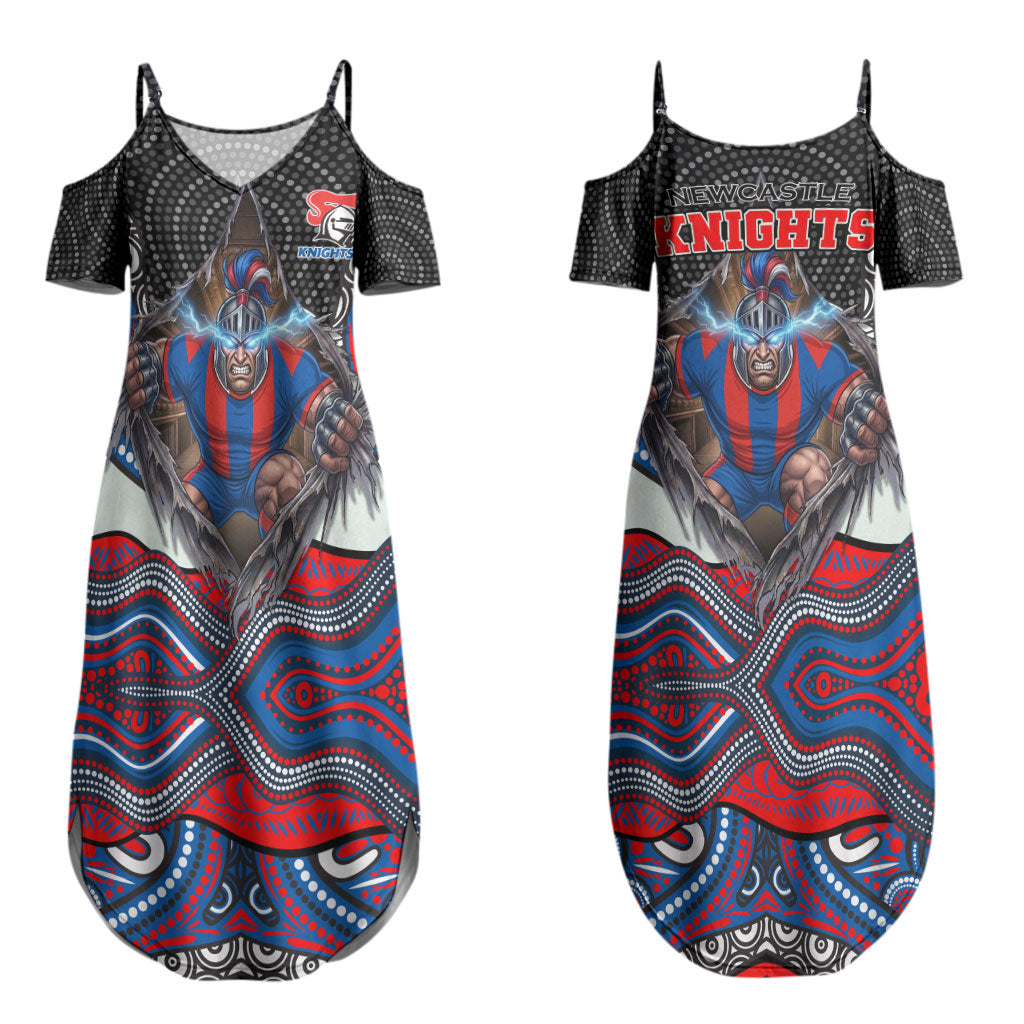 Newcastle Knights Couples Matching Summer Maxi Dress and Long Sleeve Button Shirt The Scream of Lightning Eyes - Indigenous Dot Ripping Effect