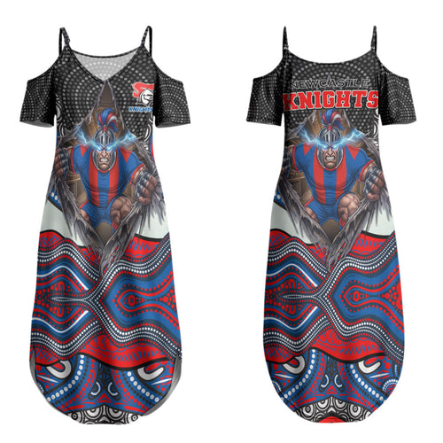 Newcastle Knights Couples Matching Summer Maxi Dress and Long Sleeve Button Shirt The Scream of Lightning Eyes - Indigenous Dot Ripping Effect