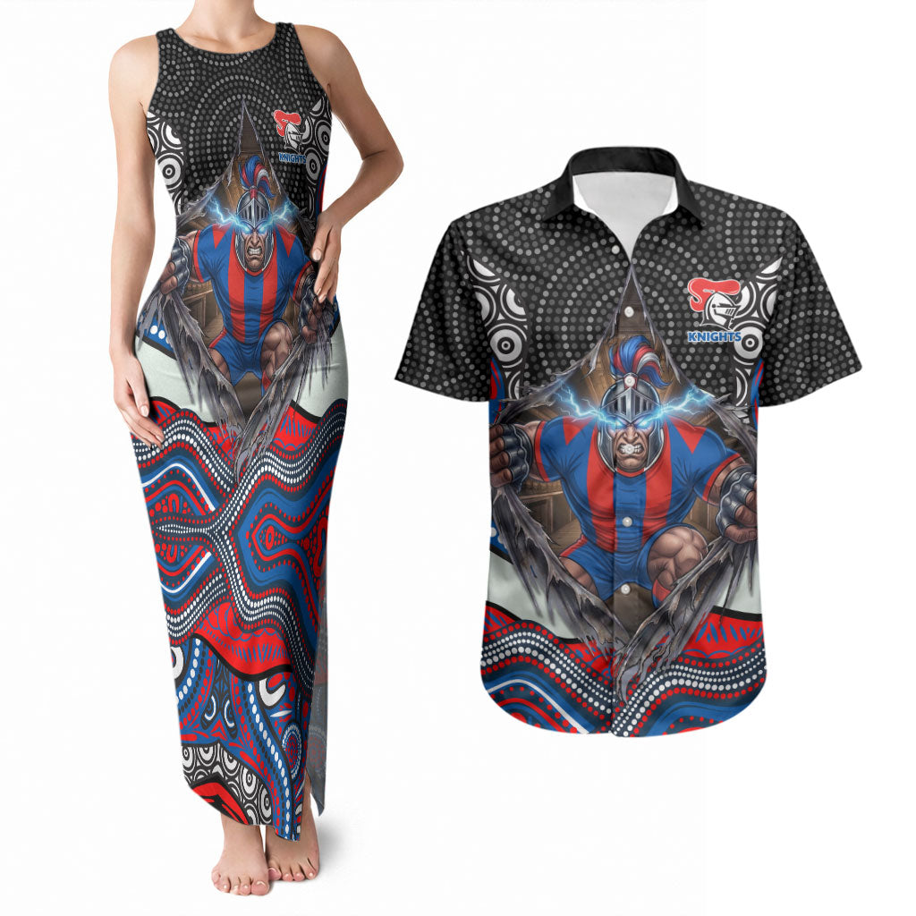 Newcastle Knights Couples Matching Tank Maxi Dress and Hawaiian Shirt The Scream of Lightning Eyes - Indigenous Dot Ripping Effect