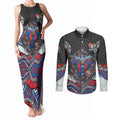 Newcastle Knights Couples Matching Tank Maxi Dress and Long Sleeve Button Shirt The Scream of Lightning Eyes - Indigenous Dot Ripping Effect