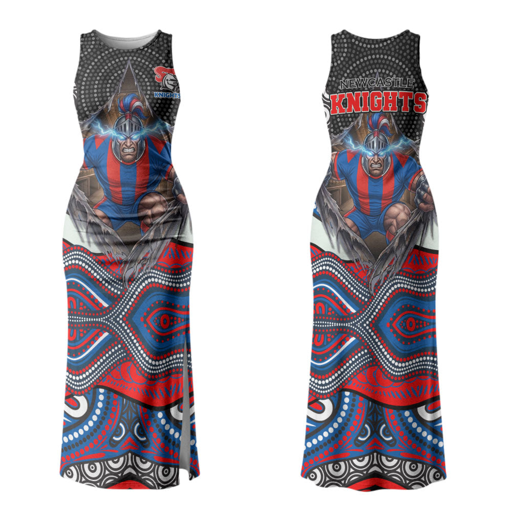 Newcastle Knights Couples Matching Tank Maxi Dress and Long Sleeve Button Shirt The Scream of Lightning Eyes - Indigenous Dot Ripping Effect