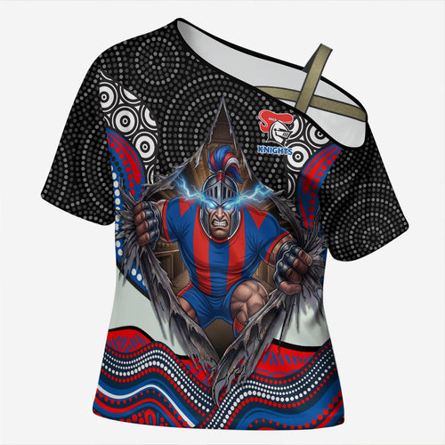 Newcastle Knights Cross Shoulder Shirt The Scream of Lightning Eyes - Indigenous Dot Ripping Effect