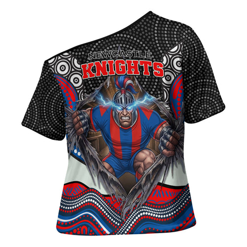 Newcastle Knights Cross Shoulder Shirt The Scream of Lightning Eyes - Indigenous Dot Ripping Effect