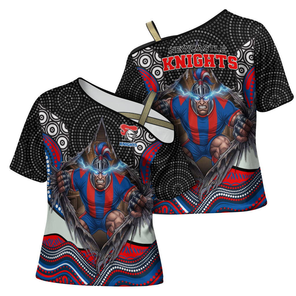 Newcastle Knights Cross Shoulder Shirt The Scream of Lightning Eyes - Indigenous Dot Ripping Effect