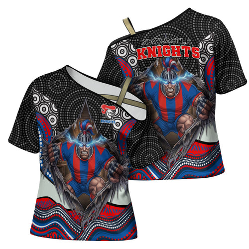 Newcastle Knights Cross Shoulder Shirt The Scream of Lightning Eyes - Indigenous Dot Ripping Effect