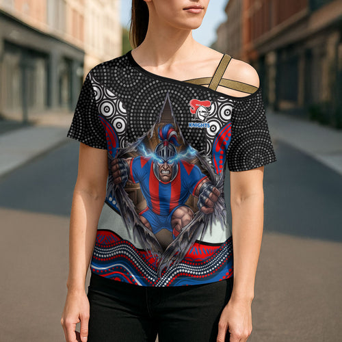 Newcastle Knights Cross Shoulder Shirt The Scream of Lightning Eyes - Indigenous Dot Ripping Effect